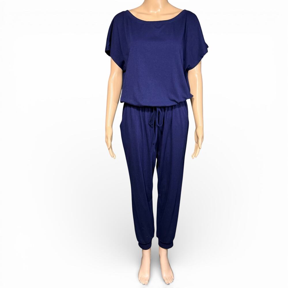 Boutique Womens Jumpsuit Boat Neck Cap Sleeve Elastic Waist Tapered Leg Blue Med